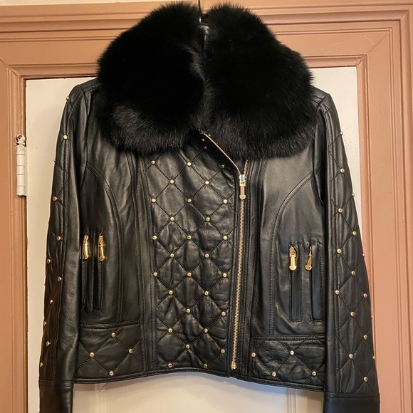 Andres Ghusto Leather Fur Trimmed Moto Jacket - Picture 2 of 5